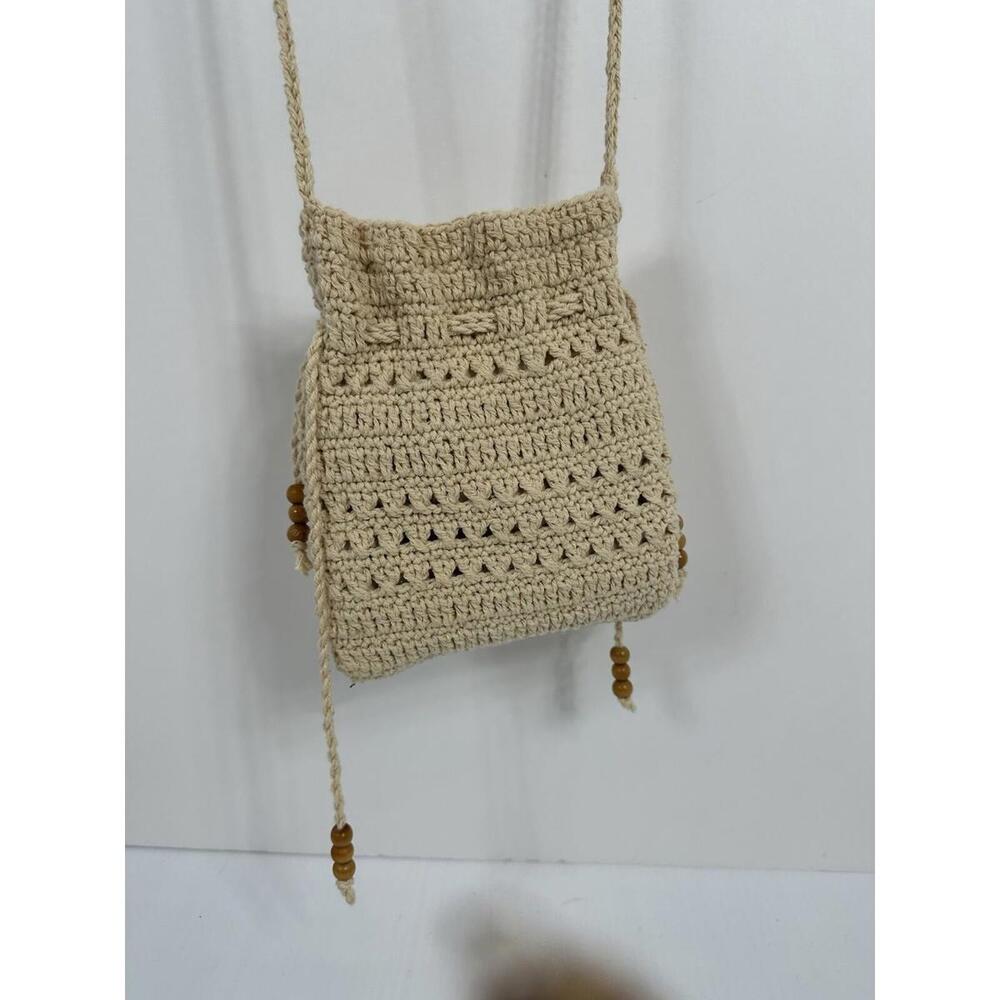 VTG Crocheted Macrame Boho Crossbody Bag Purse Braided Strap Lined‎ Fringe NWT - Picture 7 of 11